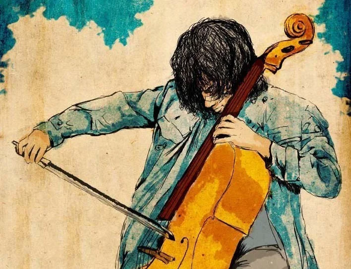 Ilustración de Jesús Percucello Vásquez tocando el violonchelo